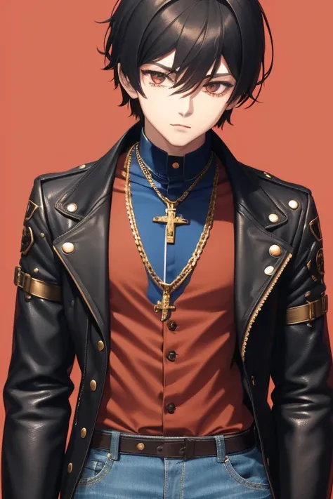 V Flower Vocaloid 16 year old boy Black hair Steampunk with brown eyes Black open denim jacket Red shirt Blue jeans Gold cross necklace looking directly at viewer on a light red background