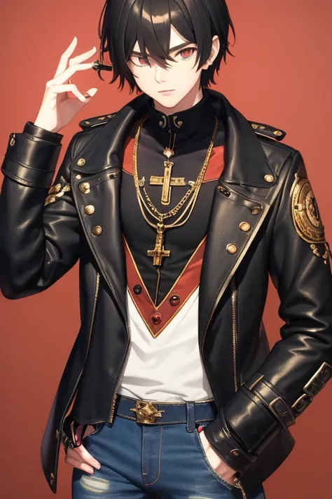 V Flower Vocaloid 16 year old boy Black hair Steampunk with brown eyes Black open denim jacket Red shirt Blue jeans Gold cross necklace looking directly at viewer on a light red background