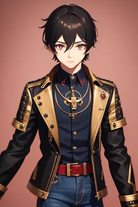 V Flower Vocaloid 16 year old boy Black hair Steampunk with brown eyes Black open denim jacket Red shirt Blue jeans Gold cross necklace looking directly at viewer on a light red background