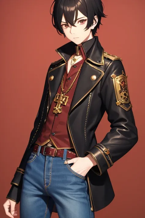 V Flower Vocaloid 16 year old boy Black hair Steampunk with brown eyes Black open denim jacket Red shirt Blue jeans Gold cross necklace looking directly at viewer on a light red background