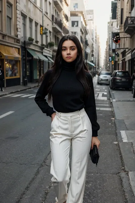 High quality, girl with black Long hair wear brown turtle neck blouese with long white pants in the middle of city