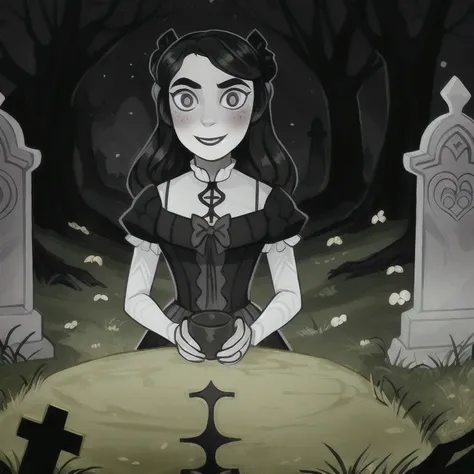 avasdemon, 

a cartoon character,  with black eyes and in a victorian era dress, she is in a graveyard smiling, in front of her ...