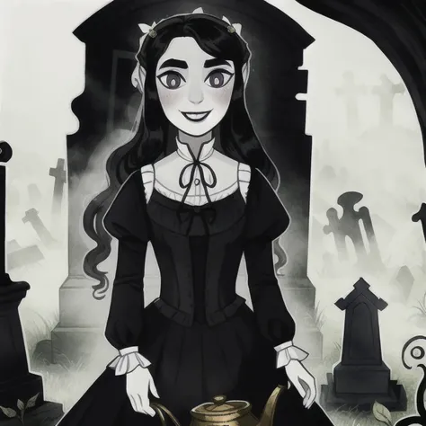 avasdemon, 

a cartoon character,  with black eyes and in a Victorian era dress, she is in a graveyard smiling, in front of her grave with an old tea set