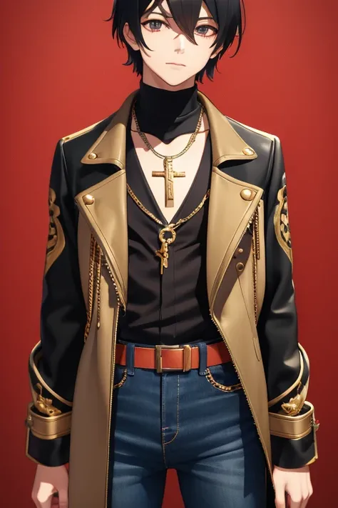 V Flower Vocaloid 16 year old boy Black hair Steampunk with brown eyes Black open denim jacket Red shirt Blue jeans Gold cross necklace looking directly at viewer on a light red background