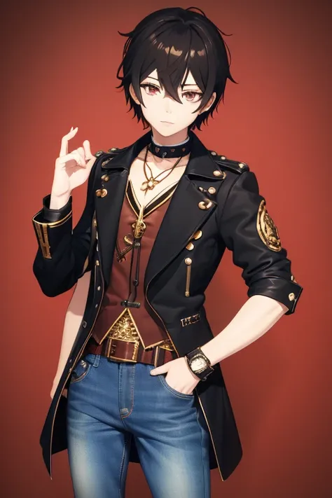 V Flower Vocaloid 16 year old boy Black hair Steampunk with brown eyes Black open denim jacket Red shirt Blue jeans Gold cross necklace looking directly at viewer on a light red background