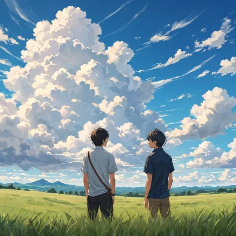 anime, anime landscape, beautiful hair, boyfridend girlfrien sweet, looking at clouds, in a grassland, creative, realist, white clouds, blue sky, landscape amazing, guy looking away from camera, wide photo