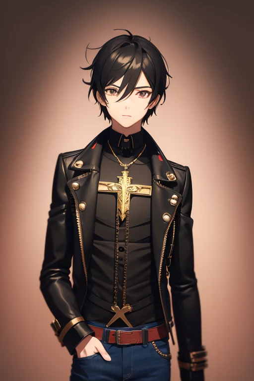 V Flower Vocaloid 16 year old boy Black hair Steampunk with brown eyes Open black jacket Red shirt Blue jeans Gold cross necklace slim muscular build looking directly at viewer on a light red background