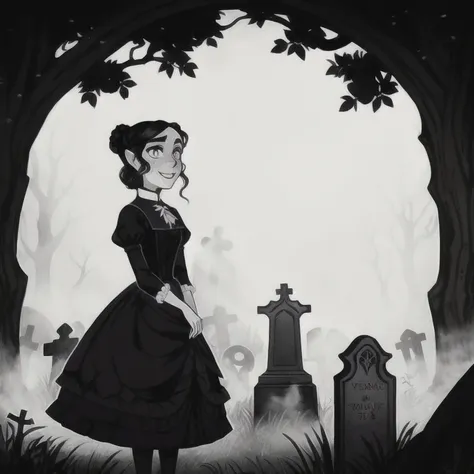 avasdemon, 

a cartoon character,  with black eyes and in a victorian era dress, she is in a graveyard smiling, in front of her ...