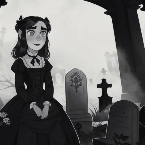 avasdemon, 

a cartoon character,  with black eyes and in a victorian era dress, she is in a graveyard smiling, in front of her ...