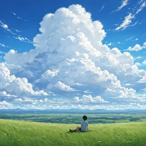 anime, anime landscape, beautiful hair, boyfridend girlfrien sweet, looking at clouds, in a grassland, creative, realist, white clouds, blue sky, landscape amazing, guy looking away from camera, wide photo