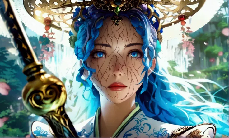 Young Chinese woman, light blue hair, light blue eyes, Chinese hair ornaments, white Chinese clothing with green details, holding a halberd, "Anime character design inspired by One Piece, full of dramatic and impressive lighting, focus on the centralized c...