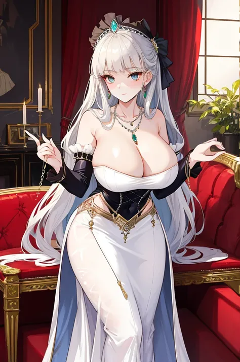 A woman with big ，Beauty，female pervert，White long hair，Gemstone Necklace，Victorian style，Jeweled Evening Dress，weak，Sexy，Color，Show the chest，((estrus))，banquet，gorgeous，living room，