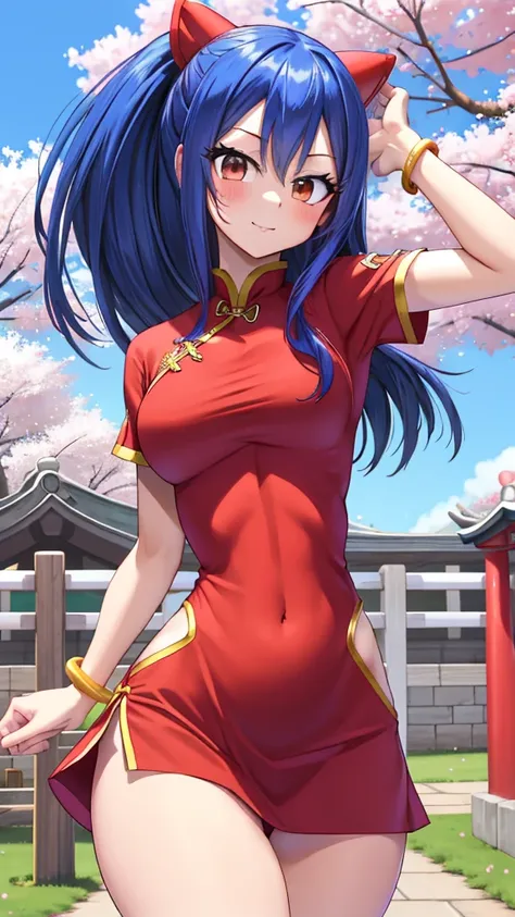 realisitic, fotorrealisitic,cowboy shot,work of art, absurderes, (colorfully), 1 girl, Wendy Marvell, forehead mark, red hair band, Detailed Chinese minidress, へそ, crotch, bracelet, looking ahead at viewer, Ruddy face, ssmile, Cherry blossoms, private gard...