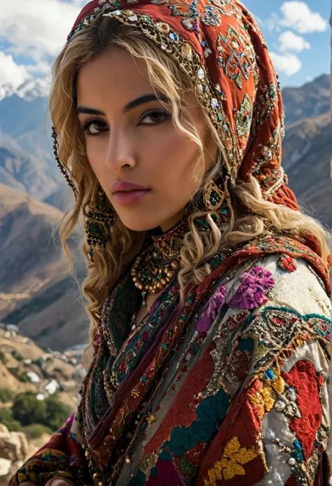 a female, middle eastern, adult, curvy body, frizzy blonde hair, wearing traditional clothes, mountains in the background.