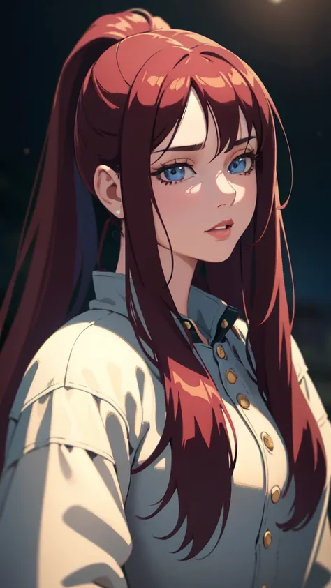 a 24 year old anime girl with long burgundy hair in a ponytail, burgundy eyes, wearing a coat and blue jeans, detailed portrait, photorealistic, ultra-detailed, 8k, (best quality,4k,8k,highres,masterpiece:1.2),ultra-detailed,(realistic,photorealistic,photo...