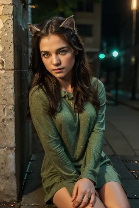 “Photorealistic, cinematographic, masterpiece, Best Quality, ultra detailed, high aesthetics , twilight, a cat with green eyes  ,  bright, detailed background, glowing light effects,  serene expression,sitting on a sidewalk while a girl leaning against a w...