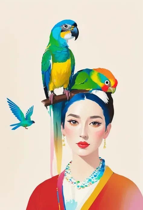 painting of a woman with a bird and a bird on her shoulder, colorful illustration, Direction: Zofia Strienska, contemporary art illustration, folkloric illustration, Direction: Jin Nong, Silvia Pelissero, from Miroslav Sviridov, colorfull illustration, #il...