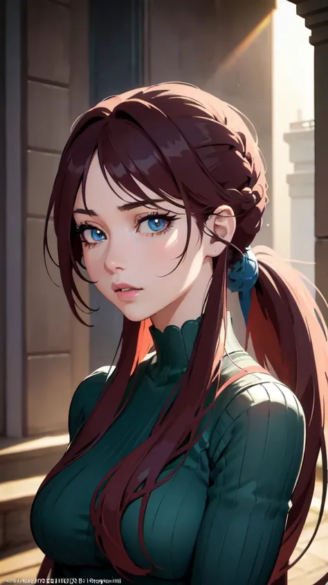 A 24-year-old anime girl with long burgundy hair pulled back in a ponytail, burgundy eyes, in an emerald coat and blue jeans, detailed portrait, photorealistic, ultra-detailed, 8k, (best quality,4k,8k, high resolution, masterpiece:1.2),ultra-detailed,(real...