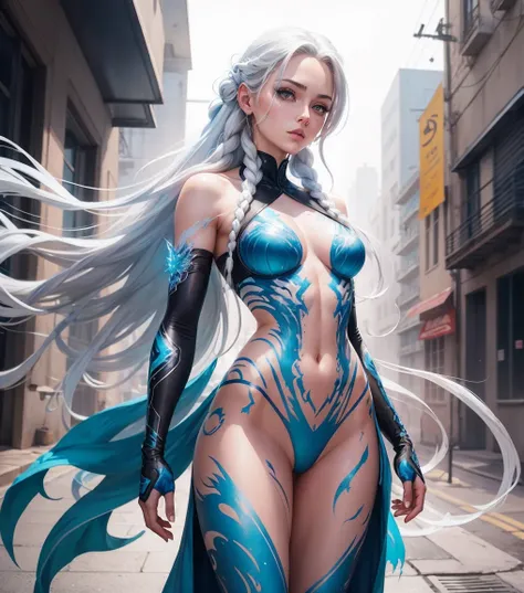 Elsa, braided hair, long hair silver, white hair with braids, frozen, whole body, Jim Lee, , soul, digital illustration, comic style, seminu, cyber punk, Perfect Anatomia, centred, approaching perfection, dynamic, highy detailed, Watercolor painting, art s...