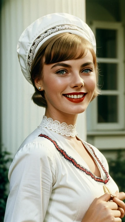 Jean Seberg dressed in traditional German clothing wearing lipstick and smiling