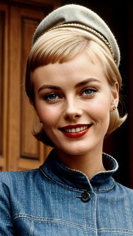 Jean Seberg dressed in traditional German clothing wearing lipstick and smiling