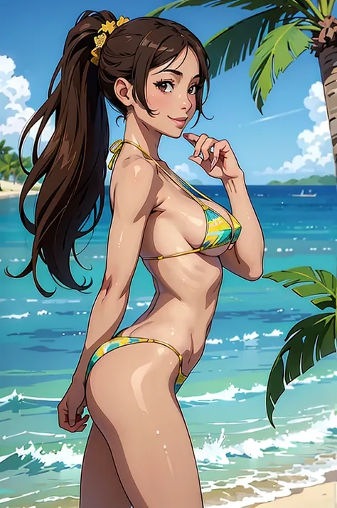 ((highest quality, masterpiece, High resolution)), ((reality)),Photos of beautiful Japanese women,((anime art))、 (((1 girl))), normal size breasts, slim body shape, long ponytail,double eyelid, Wet see-through micro bikini,  A pareo with bold ethnic patter...