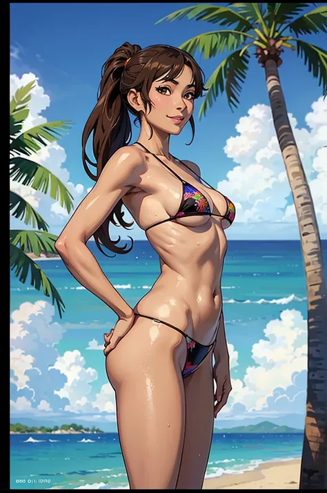 ((highest quality, masterpiece, High resolution)), ((reality)),Photos of beautiful Japanese women,((anime art))、 (((1 girl))), normal size breasts, slim body shape, long ponytail,double eyelid, Wet see-through micro bikini,  A pareo with bold ethnic patter...