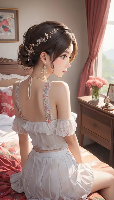 (masterpiece, Highest quality:1.2), One Girl, alone,Bony body、15 years old、Earringaster piece , best quality , detailed , woman , blouse, skirt , sitting , from back , bed room , indoor