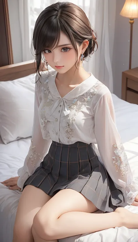 (masterpiece, Highest quality:1.2), One Girl, alone,Bony body、15 years old、Earringaster piece , best quality , detailed , woman , blouse, skirt , sitting , from back , bed room , indoor