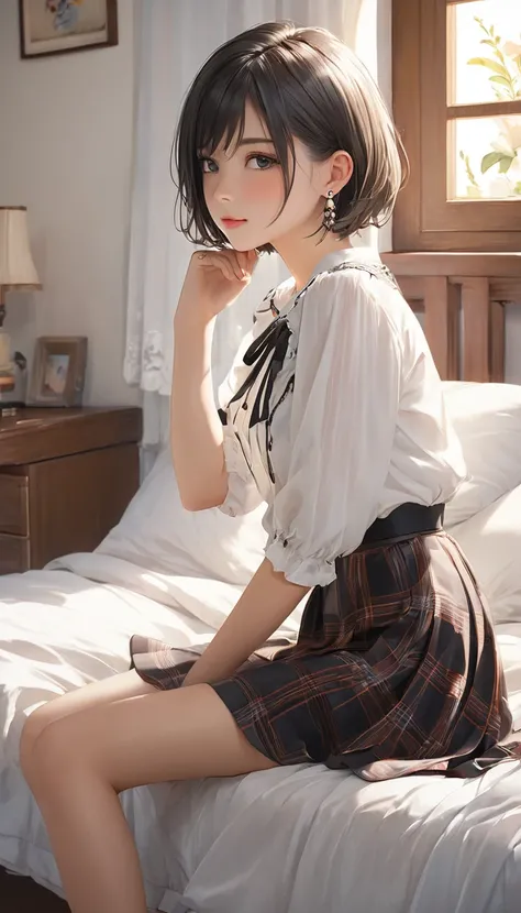 (masterpiece, Highest quality:1.2), One Girl, alone,Bony body、15 years old、Short Hair、Earringaster piece , best quality , detailed , blouse , skirt , sitting , (from side) , bed room , indoor