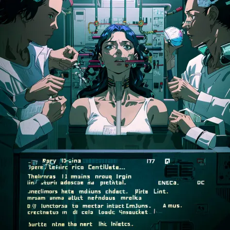 create an image of a woman in a white t-shirt long sleeve and some doctors, cyberpunks aesthetics, cyberpunk horror style, in cy...