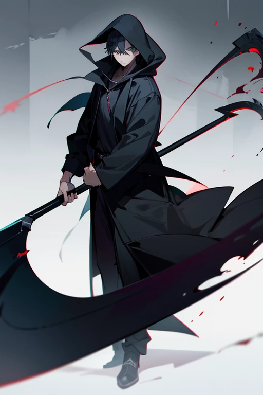 grim Reaper、He wears a black hood and carries a large scythe