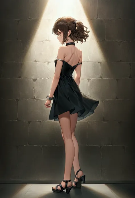 excellent image, girl in a short dress with open shoulders, wearing high heel sandals, stands facing the wall, hands behind your...