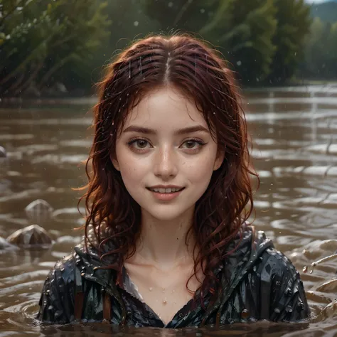 (Masterpiece, best quality:1.4), best quality, winter, ice, the head of a european model, she wears a wet white see-through bikini, red wet hair, ultra_photorealistic, detailed_face, sidebangs , dark brown eyes, she swims, submerged up to her neck, in a de...