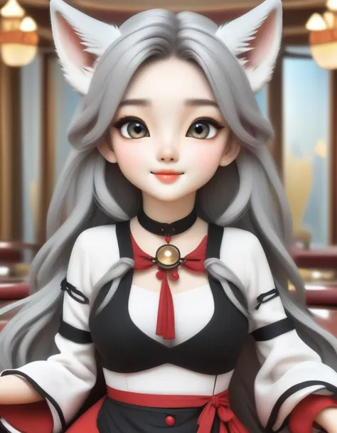 cowboy shot、a human-wolf hybrid girl、(beautiful detailed wolf face: 1.8)、beard、long grey hair、beautiful detailed skin、slim fit b...