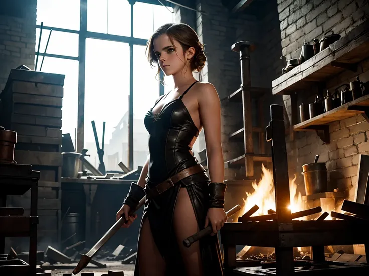 a beautiful teen emma watson dressed as a sexy blacksmith. forge. using hammer. as a captivating figure amidst the desolation. slender and graceful. from below. background forge.