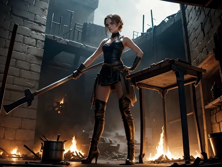 a beautiful teen emma watson dressed as a sexy blacksmith. forge. using hammer. as a captivating figure amidst the desolation. slender and graceful. from below. background forge.