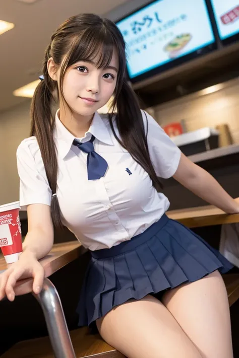 Fast food restaurant clerk Japanese female college student２０Old side pony。
Uniform with emphasis on breastini pleated skirt。
Angle looking up from the thighs。
Panties peeking out from under the skirt. Mucus seeps out from the panties.。
