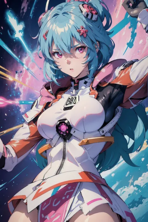 RAW Image Quality, A super cute girl is wearing a pink jacket armor, , , Rainbow Aura Body, Supernova Power, Light blue hair, Red eyes, Perfect body, sexy, Neon glow, , sad mood, Very detailed, , mecha musume, Beautiful Eyes, Detailed face,