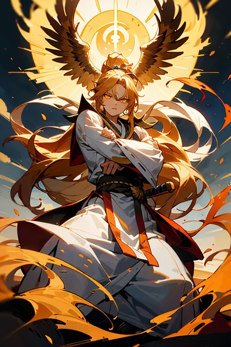 ((melhor qualidade)), ((obra de arte)), (detalhado), Male, long hair, ponytail, amber hair, Golden eyes, glowing eyes, Phoenix imagery, white and Golden clothes, Martial Arts pose, Phoenix feathers, exposed arms