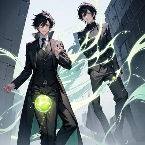 1 man with black hair , wearing a black overcoat covering his white shirt with a lime green tie and black dress pants with pockets and chains while wearing a white scarf with a tall white background with a smile and casting a spell in the form of a lime gr...