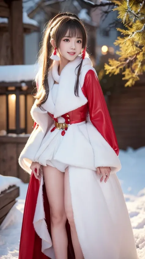 (Aesthetic, high resolution: 1.2), A beautiful 20-year-old woman，Smooth long legs，whole body ，Wearing an exquisite red Santa Claus costume, Symmetrical garment construction, Bright and clear eyes, a happy expression, Change your hairstyle, Falling snowflak...