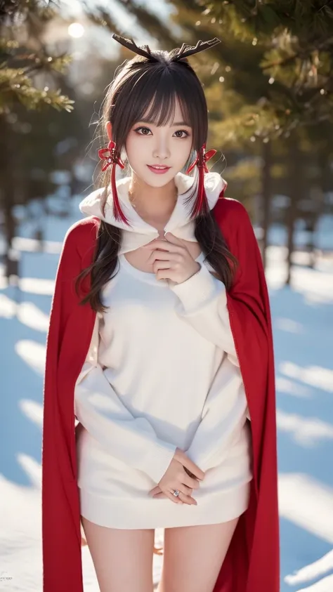 (Aesthetic, high resolution: 1.2), A beautiful 20-year-old woman，Smooth long legs，whole body ，Wearing an exquisite red Santa Claus costume, Symmetrical garment construction, Bright and clear eyes, a happy expression, Change your hairstyle, Falling snowflak...