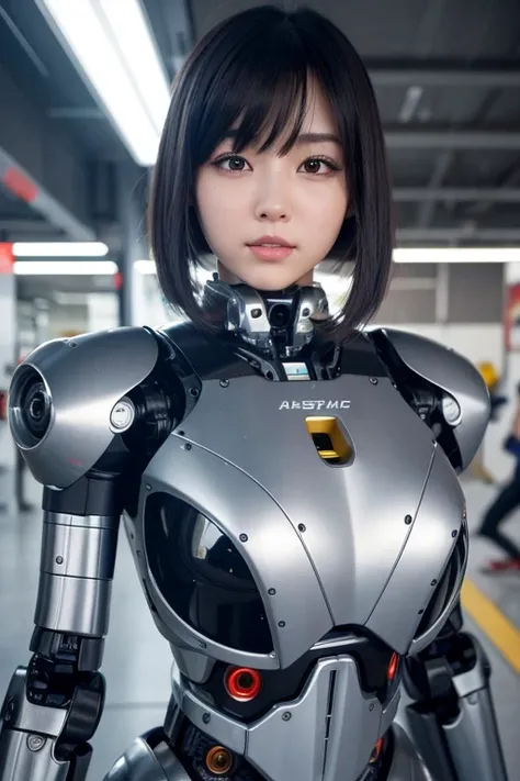 masterpiece, best quality, extremely detailed, Japaese android girl,portrait,Plump,a bit chubby,control panels,android,Droid,Mechanical Hand, Robot arms and legs, Black hair,Blunt bangs,perfect robot girl,long tube,thick cable connected her neck,android,ro...