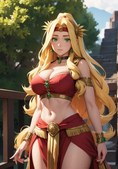 quetzalcoatl, quetzalcoatl, long hair, sidelocks, yellow hair, (green eyes:1.5), wavy hair, (large breast:1.2),
BREAK aztec, bracelet, choker, headband, headdress, jewelry, midriff, navel, short sleeves, wristlet,
BREAK looking at viewer,
BREAK outdoors,
B...