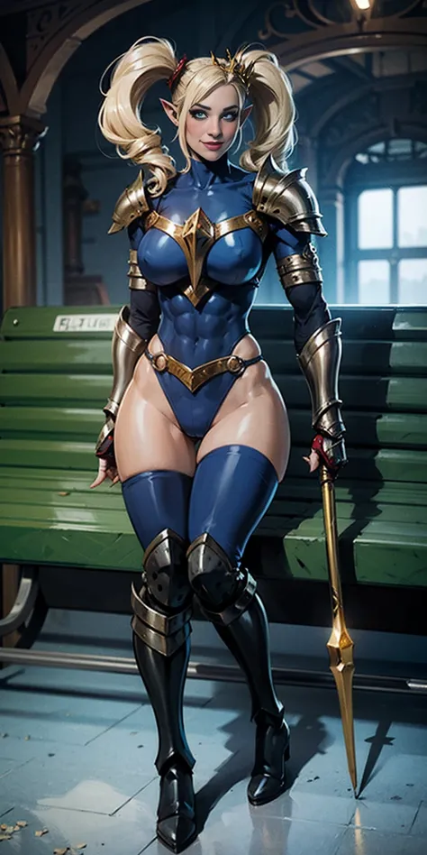 full body sitting on a bench showing ass to me, BLUE breastplate, BLUE skin (1girl)(BLUE skin:1.2), looking at viewer, shiny, armor, thigh highs, high boots, pauldrons shoulder armor, faulds, poleyn, gloves, gauntlets, rerebrace armored boots, (masterpiece...