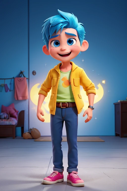 Create an image of a male version of the character Joy from Disneys Inside Out. This character should have a slim build and vibrant blue hair, embodying the essence of joy and happiness. He should be shown from the chest up, with a wide, radiant smile and ...