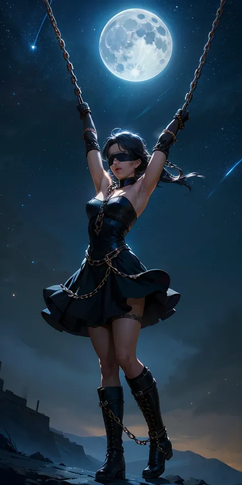 masterpiece, best quality, 1girl, solo, gloves, dress, bare shoulders, closed mouth, military boots, sky, black footwear, blindfold, night sky, full moon, elbow gloves, armpits, arms up, ((chain, bound, restrained:1.3)) standing , wariza, night, starry sky...