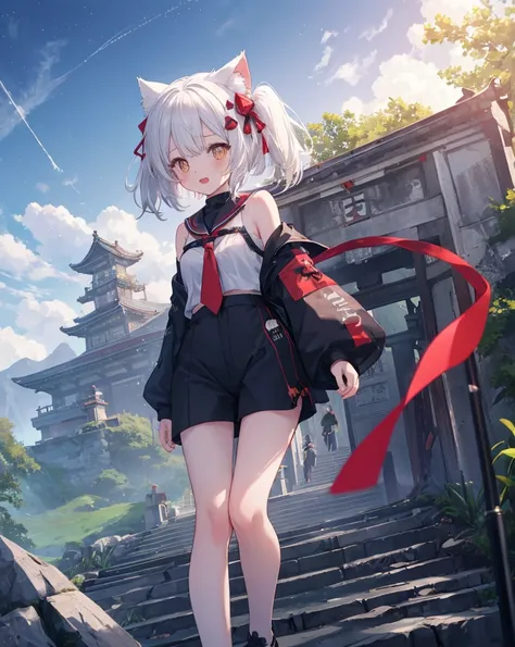 (Highest quality, Masterpiece: 1.2), (Solo), Anime coloring book, 4K quality, hdr, ultra vibrant colors, detailed 
SUBJECT
(((1woman))), White hair, cat ears, cat tail, neko ears, neko tail, open mouth, little happy smile.she has 28 years old.
CLOTHES
Red ...