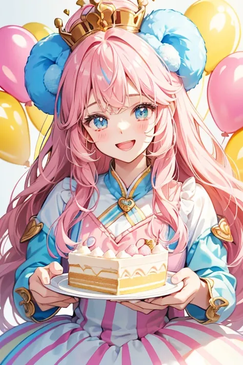 A cake girl bear Num with an excited expression, colored in stripes of pale pink, blue, and yellow. She has pale pink bear ears. Her head is covered in white frosting and decorated with a gold crown that has an N in a heart at the middle. SPARKLE; GLITTER